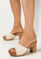 Klapki i japonki damskie - Beżowe Klapki na Słupku z Odkrytym Noskiem i Ozdobnymi Nitami Ophetine - miniaturka - grafika 1