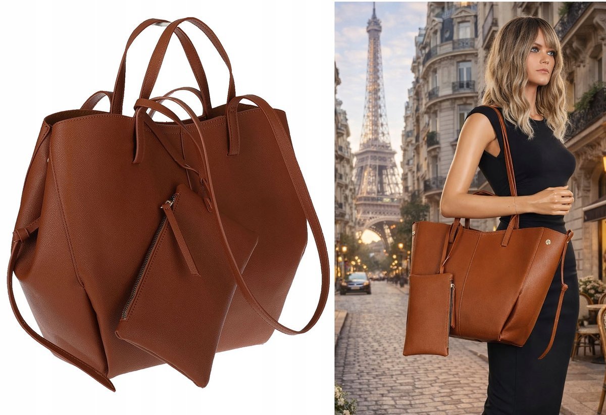 Torebka damska shopper duża pojemna na ramię torba eko skóra 963A Brązowa