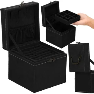 Szkatułka Na Biżuterię 12X12X12 Cm Czarny Kuferek Z Przegródkami Welurowy - Pudełka i szkatułki - miniaturka - grafika 1