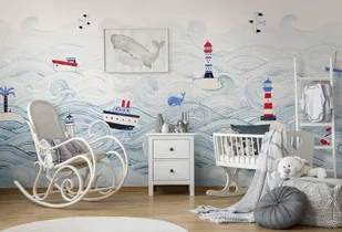 Ahoy Minimalistyczna Tapeta dla dzieci w Morskie Fale, Statki i Latarnie Morskie - Tapety - miniaturka - grafika 1
