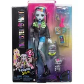 Plecaki - Monster High Frankie Stein Lalka w dżinsowej kurtce i szortach z figurką pieska Cotoś i akcesoriami, takimi jak plecak, „przekąska” i notatnik, HXH73 - miniaturka - grafika 1