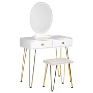Toaletki - Toaletka 2 szuflady lustro LED ze stołkiem biało-złota CAEN - miniaturka - grafika 1