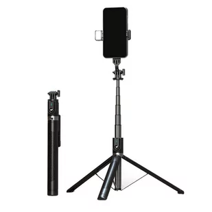 UCHWYT SELFIE - z odpinanym pilotem bluetooth, tripodem i lampą LED - P100D CZARNY - Selfie stick - miniaturka - grafika 1