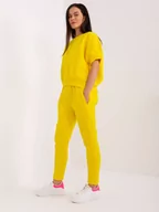 Dresy damskie - Komplet dresowy żółty casual bluza i spodnie dekolt okrągły rękaw krótki nogawka zwężana długość długa ocieplenie naszywki - miniaturka - grafika 1