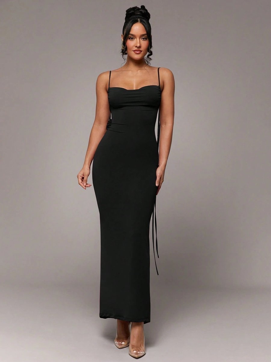 SHEIN CZARNA SUKIENKA MAXI Z ODKRYTYMI PLECAMI I WIĄZANIEM XS 1MA