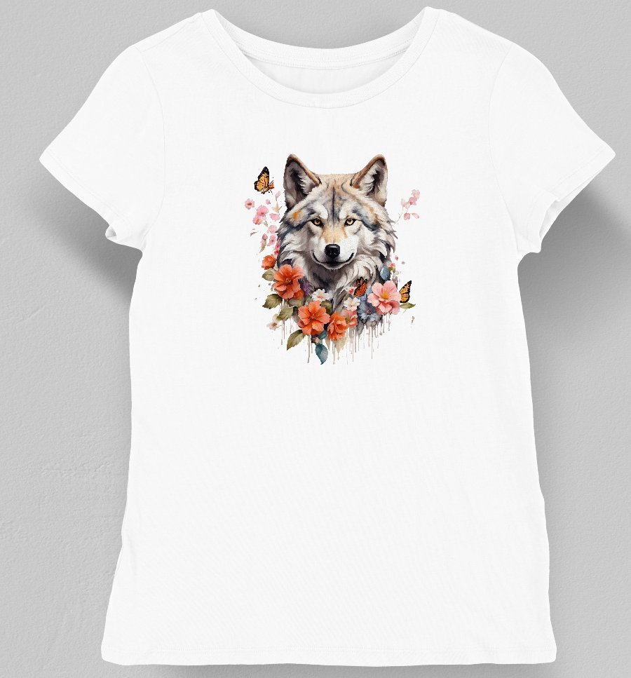 Koszulka damska wilk w kwiatach biała L