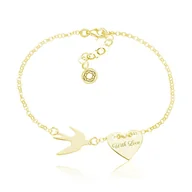 Bransoletki - Srebrna bransoletka Hailey - jaskółka i serce - 24k złocenie - grawer - miniaturka - grafika 1