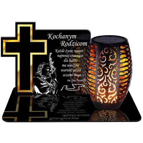 ZNICZ SOLARNY LED WIECZNY PODSTAWKA NA CMENTARZ GRÓB Krzyż EFEKT PŁOMIENIA DLA RODZICÓW