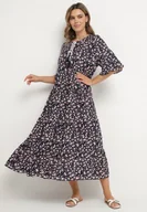 Sukienki - Granatowo-Różowa Bawełniana Sukienka Rozkloszowana w Drobne Kwiatki z Chwostem Orrilva - miniaturka - grafika 1