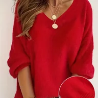 Swetry damskie - TEMU 1 szt. Elegancki dzianinowy sweter z wyciętą dekolacją w kształcie litery V dla kobiet, poliestrowy, jednokolorowy, nadrukowany, wiosna/jesień, - miniaturka - grafika 1