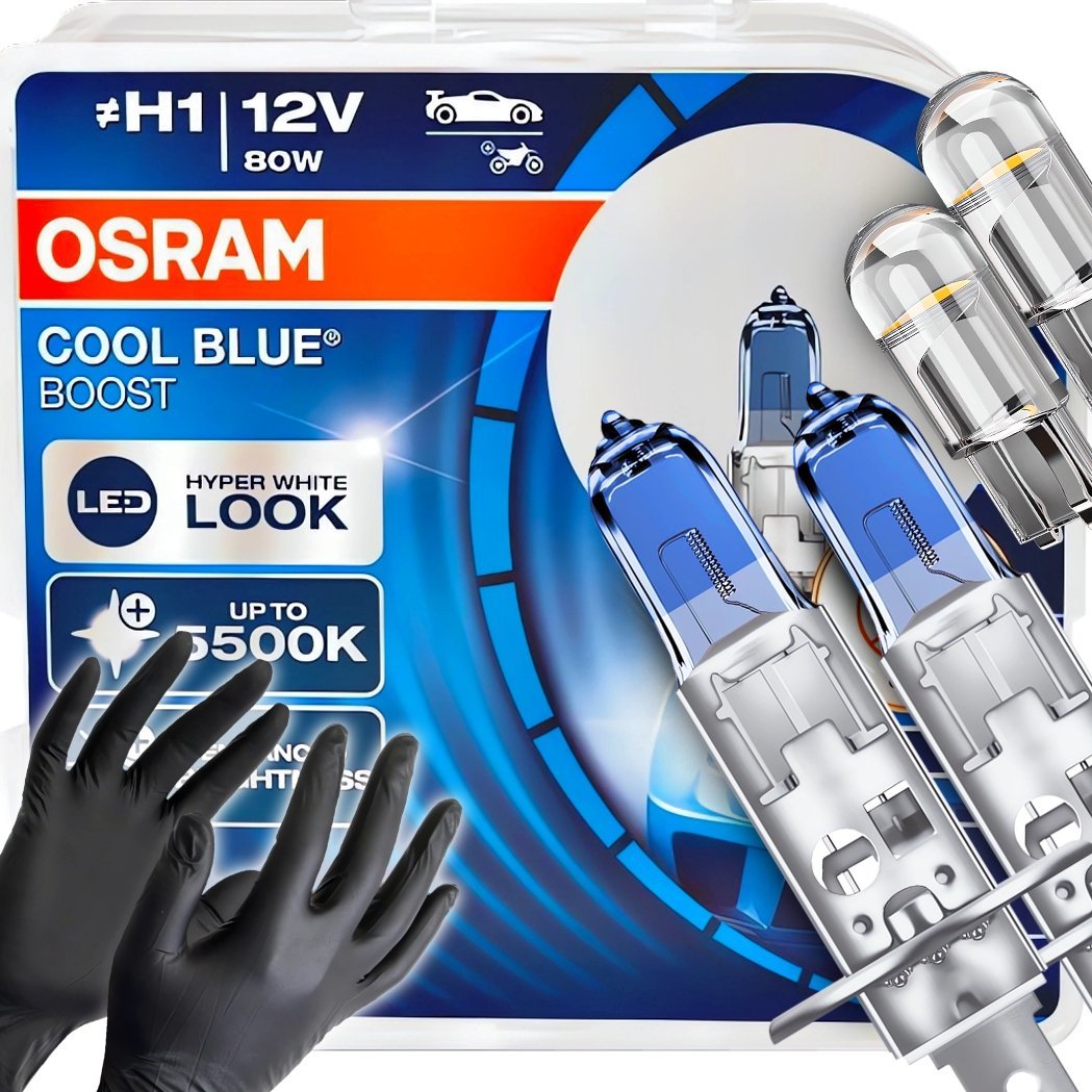 Żarówki Osram H1 Cool Blue Boost 5500K Białe + W5W Clear LED + Rękawiczki
