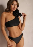 Stroje kąpielowe - Czarne Bikini 2-Częściowe Stanik z Aplikacją Kwiatu na Jedno Ramię Majtki Typu Figi Valmelba - miniaturka - grafika 1