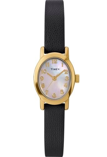 Timex Zegarek Damski Main Street 18 mm, Czarny Skórzany Pasek, Tarcza z Masy Perłowej, Złota Obudowa TW2W82600