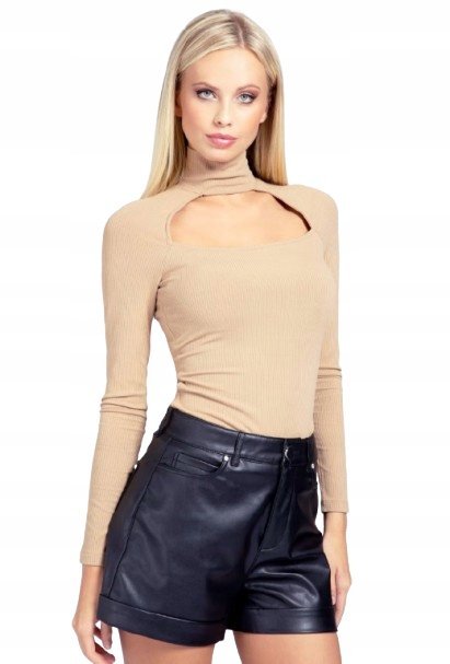 GUESS BEŻOWA BLUZKA Z DŁUGIM RĘKAWEM I GOLFEM Z WYCIĘCIEM M GXB