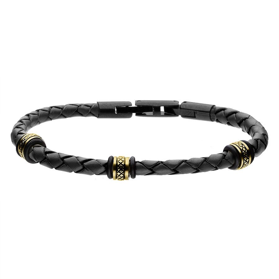 Bransoletka czarny pleciony rzemień złocone charmsy.