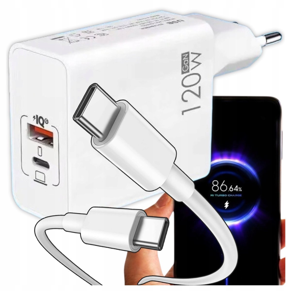 ŁADOWARKA SZYBKA SIECIOWA USB QC GAN WTYCZKA KOSTKA FAST CHARGE 120W +KABEL