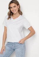 Koszulki i topy damskie - Jasnoszary Bawełniany T-shirt z Trójkątnym Dekoltem Nelirna - miniaturka - grafika 1