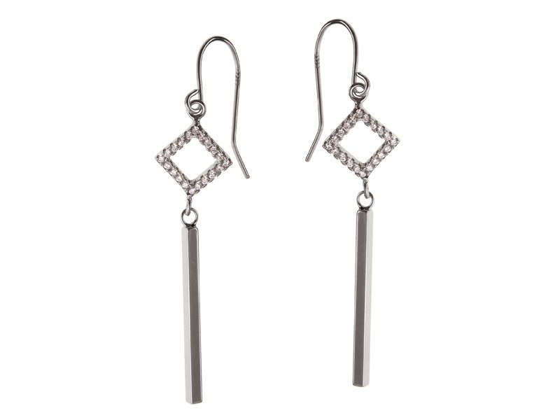 Kolczyki srebrne rodowane podłużne sztabka romb z cyrkonią k1604 - 2,7 g.