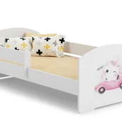 Łóżka dla dzieci i młodzieży - Białe Łóżko Dziecięce 160x80 cm z Rysunkiem Kota i Barierką – Zawiera Piankowy Materac i Pełną Ramę, Wymiary 164x88x63 cm - miniaturka - grafika 1