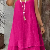 Sukienki - TEMU Kobieca Elegancka Sukienka Plażowa Bez Rękawów z Dekoltem w Serek - Luźny Krój, Podwójna Warstwa na Dołku, Okrągły Dekolt Jednokolorowy na - miniaturka - grafika 1