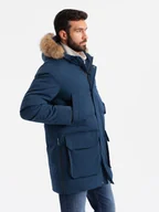 Kurtki męskie - Długa ocieplana męska kurtka parka granatowa V5 OM-JALJ-0184 S - miniaturka - grafika 1