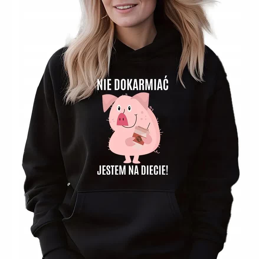BLUZA DAMSKA Czarna Z Kapturem Na Prezent NIE DOKARMIAĆ DIETA Świnka - M