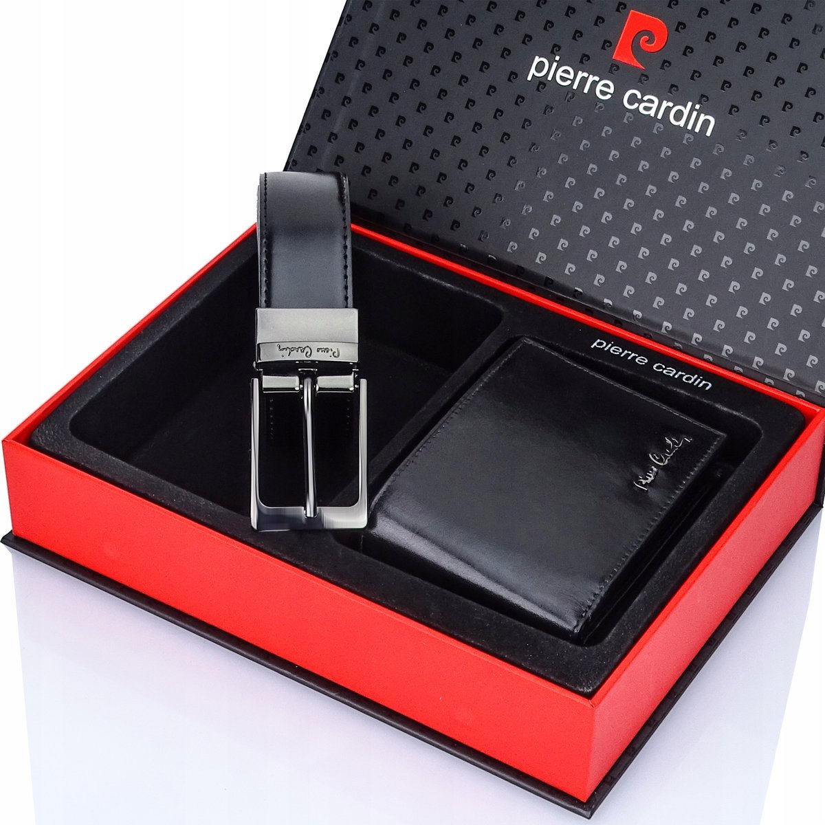 Męski zestaw Pierre Cardin skóra czarny portfel RFID pasek czarny 130 cm