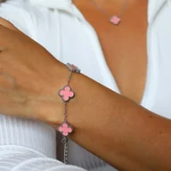 Bransoletki - Bransoletka srebrna czterolistna koniczynka różowa ze stali szlachetnej - miniaturka - grafika 1