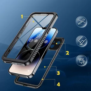 Etui do iPhone 14 wodoodporne pancerne 360 Case Hybrid ochrona aparatu obiektywów IP68 Waterproof czarne - Etui i futerały do telefonów - miniaturka - grafika 2