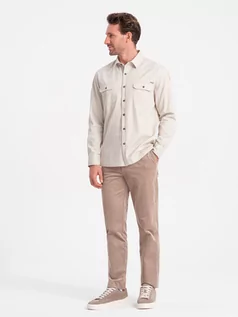 Koszule męskie - Męska bawełniana koszula REGULAR FIT z kieszeniami zapinanymi na guziki - kremowa V1 OM-SHCS-0146 - grafika 1