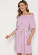 Sukienki - Fioletowa Sukienka z Wiskozą Bawełną Hiszpańskim Dekoltem i Sznurkiem Lilarenne - miniaturka - grafika 1