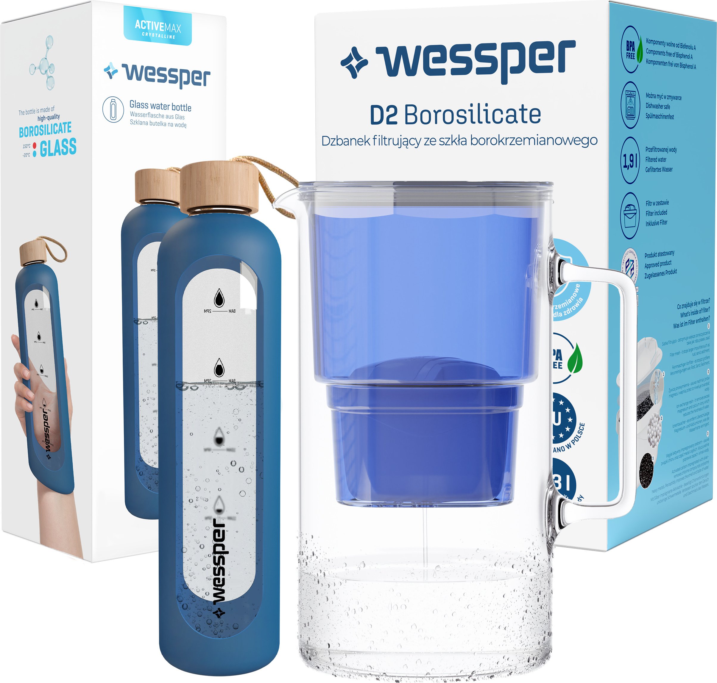 Zestaw Wessper: szklany dzbanek AquaMax Crystalline 3L z filtrem + szklana butelka motywacyjna ActiveMax Crystalline 1L z silikonowym rękawem niebieskim