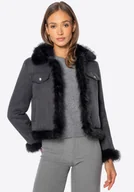 Kurtki damskie - Damska kurtka z domieszką lnu i sztucznym futerkiem czarna - miniaturka - grafika 1