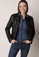 Kurtki damskie - Czarna Przejściowa Kurtka Taliowana Ramoneska bez Kołnierzyka Nissanea - miniaturka - grafika 1