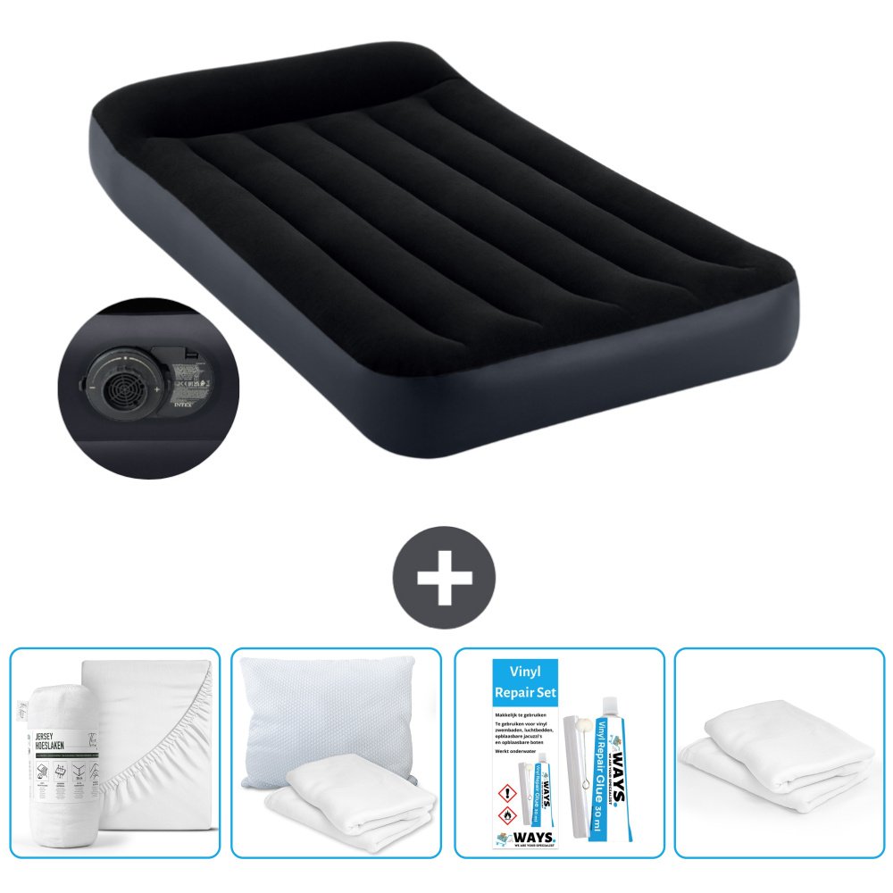 Łóżko powietrzne Intex - 1 osoba - 99 x 191 x 25 cm - Niebieski - Z pompką - Prześcieradło - Całowanie - Zestaw naprawczy en Ochraniacz na poduszkę
