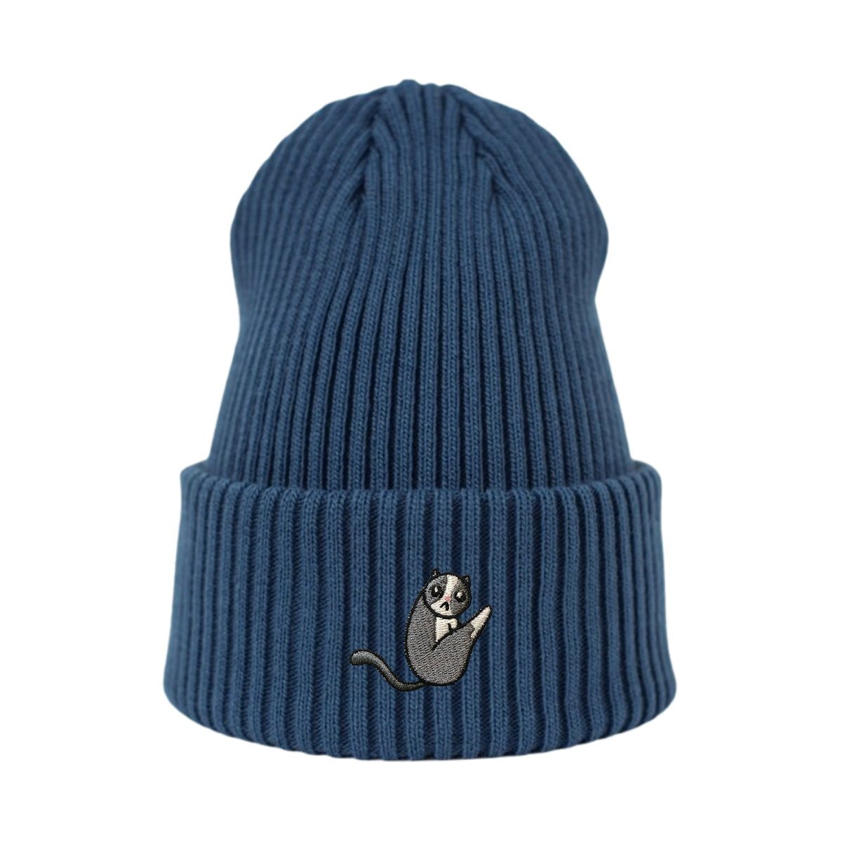Haftowana czapka beanie - KOTEK W KĄPIELI - niebieski