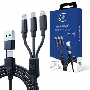 3mk Hyper Cable 3in1 Black Kabel USB-A/USB-C do USB-C/Micro/Lightning 1.5m - Kable USB - miniaturka - grafika 1