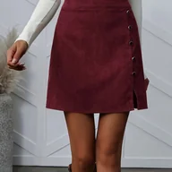Spódnice - TEMU Damska spódnica z kordurowego materiału w kształcie litery A z bocznym rozcięciem i dekoracyjnymi guzikami - jednokolorowa spódnica midi na co - miniaturka - grafika 1