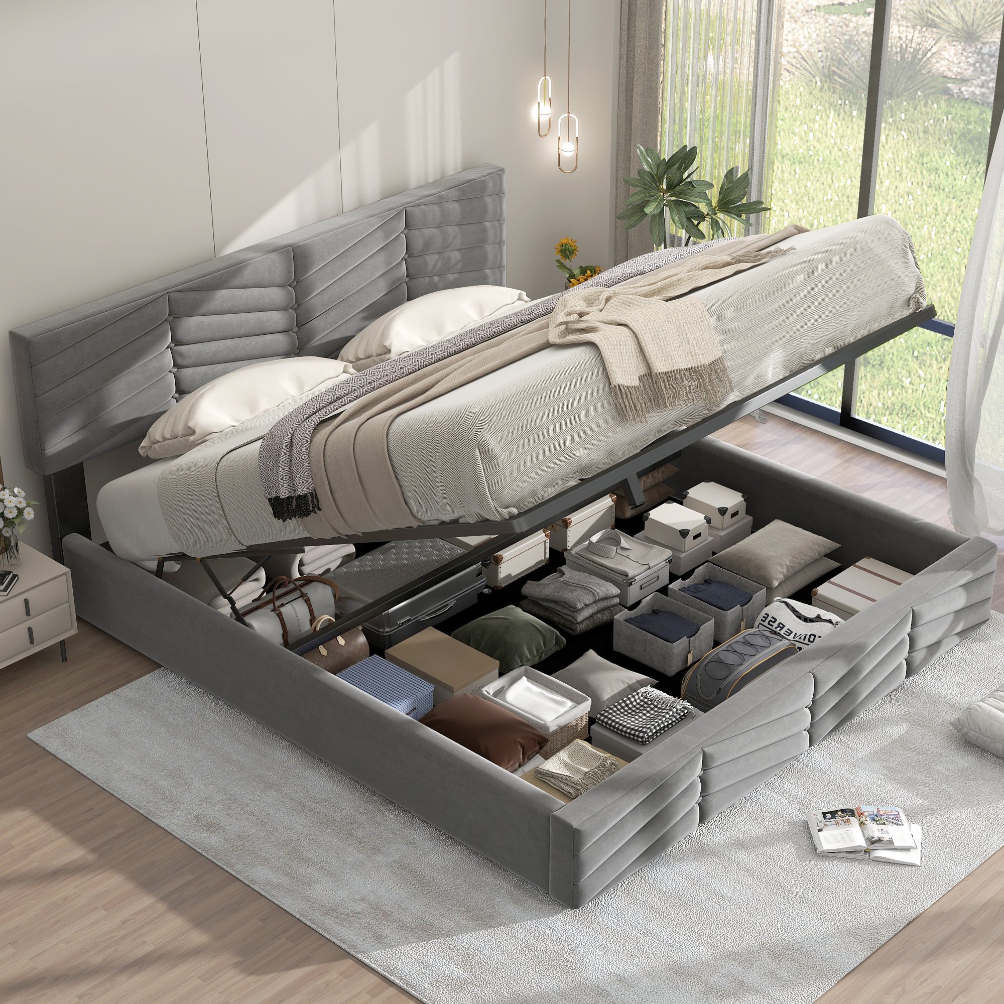 Flieks Łóżko tapicerowane 180x200 cm Boxspring ze schowkiem, łóżko podwójne z rusztem z listew, łóżko do przechowywania Funkcjonalne łóżko aksamitne z regulowanym zagłówkiem, szare