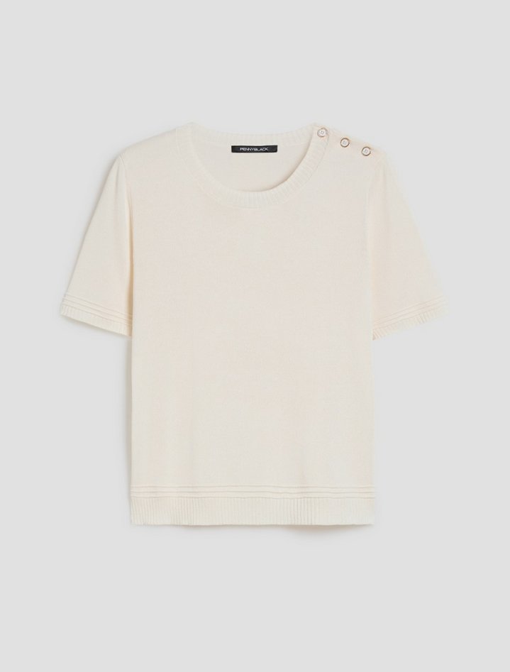 T-shirt in blend di bawełna e jedwab damskie kość słoniowa