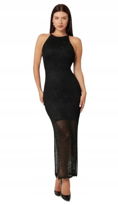 GUESS CZARNA AŻUROWA SUKIENKA NA RAMIĄCZKACH MIDI BŁYSZCZ ĄCA L GNA