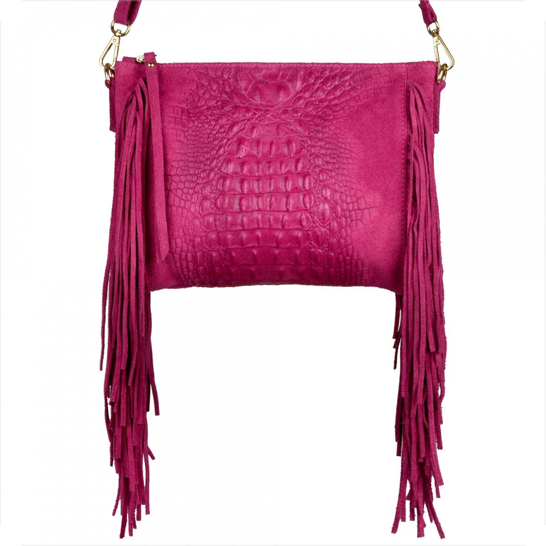 Włoska listonoszka z frędzlami skóra naturalna wzór aligatora fuksja