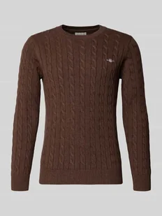 Sweter z dzianiny ze ściegiem warkoczowym i wyhaftowanym logo - Swetry męskie - miniaturka - grafika 1