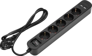 Listwa zasilająca Orno Listwa przeciwprzepięciowa, 5 gniazd 2P+Z Schuko, kabel 3x1,0mm2, długość 1,5m, z wyłącznikiem podświetlanym dwutorowym. 10A/230 VAC, Ochronnik przeciwprzepięciowy, Ładowarka 2xUSB 2,1A. Płaska wtyczka - Listwy zasilające - miniaturka - grafika 1