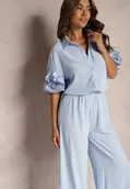 Komplety damskie - Niebieski Komplet Szerokie Spodnie i Koszula z Falbanami Rivathins - miniaturka - grafika 1