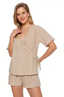 Koszule damskie - Trendyol Damska koszula w paski - krótka piżama zestaw, beżowy, 40, BEŻOWY, 66 - miniaturka - grafika 1