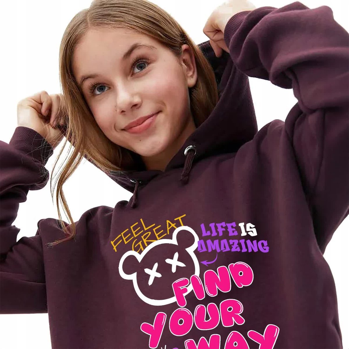 Bordowa Bluza Damska Z Kapturem FIND YOUR WAY Modna Stylowa Piękne Wz - XL