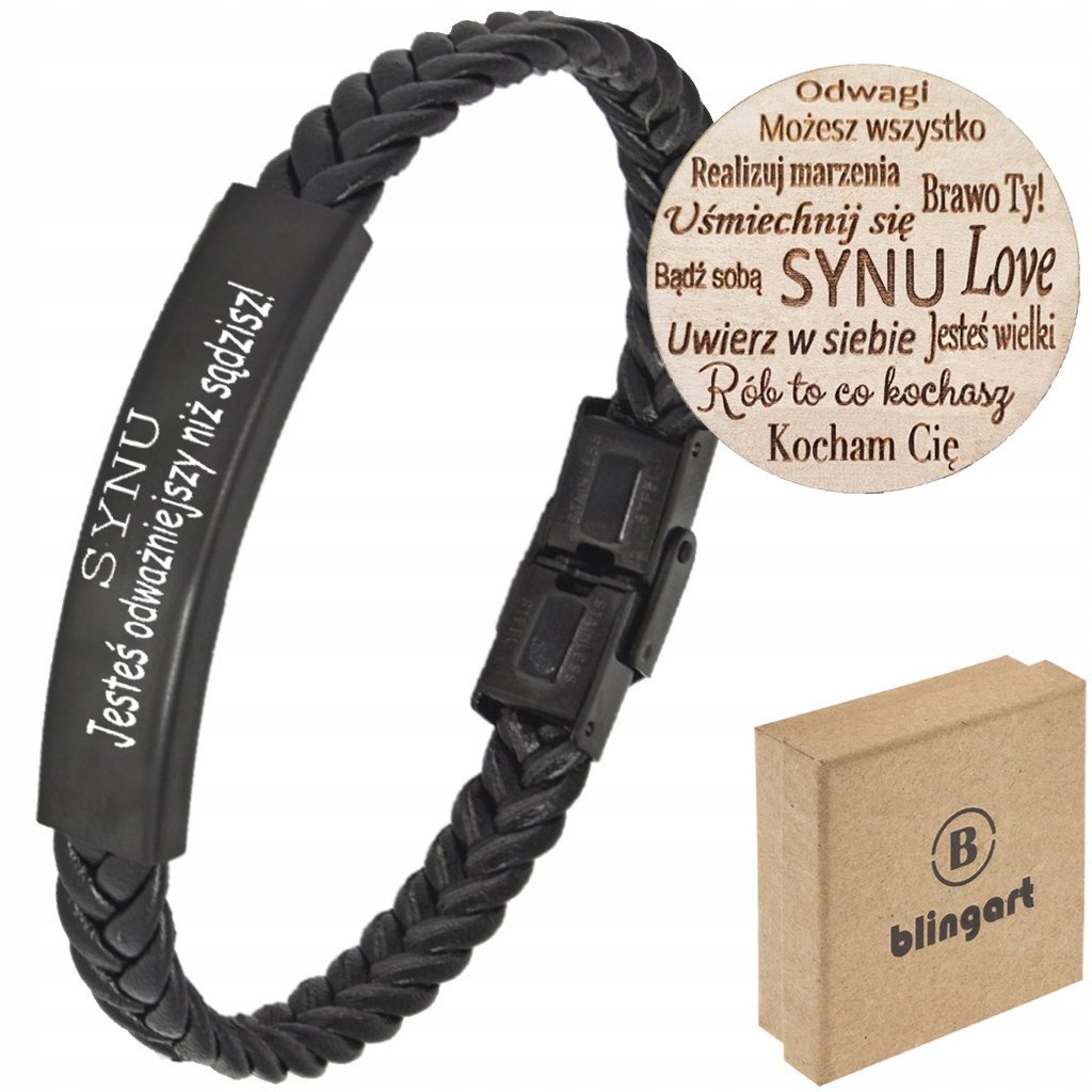 BLINGART PREZENT DLA SYNA Bransoletka czarna skórzana MAGNES GRAWER