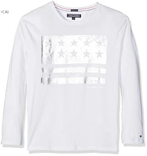 TOMMY HILFIGER BIAŁA BLUZKA Z NADRUKIEM FLAGI I DŁUGIM RĘKAWEM 152 17DA