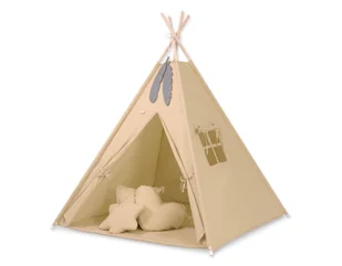 Namiot TIPI dla dzieci + mata + poduszki + zawieszki pióra - beżowy - Namioty i tipi dla dzieci - miniaturka - grafika 1